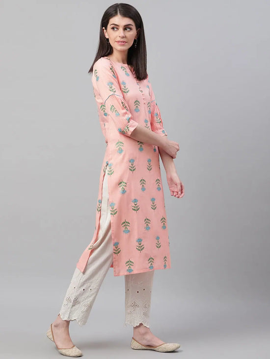 Ahika Women Peach Coloured Blue Printed Straight Kurta 1