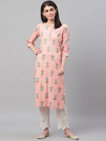 Ahika Women Peach Coloured Blue Printed Straight Kurta 1