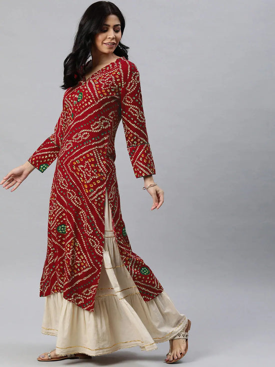 Ahika Women Red And Beige Bandhani Printed Straight Kurta