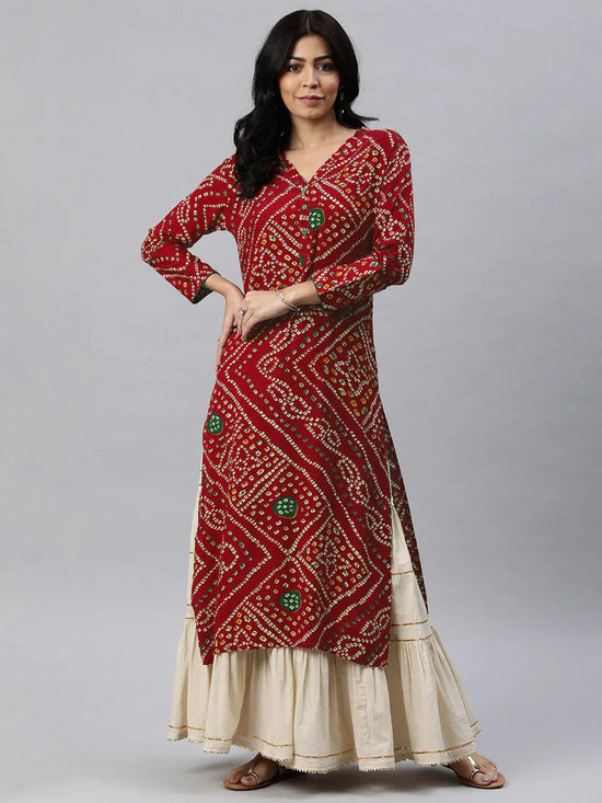 Ahika Women Red And Beige Bandhani Printed Straight Kurta