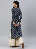 Ahika Women Navy Blue And Gold Toned Floral Printed Straight Kurta