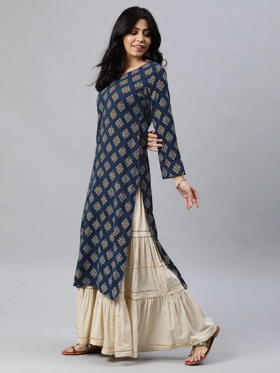 Ahika Women Navy Blue And Gold Toned Floral Printed Straight Kurta