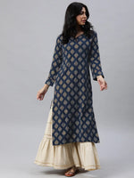 Ahika Women Navy Blue And Gold Toned Floral Printed Straight Kurta