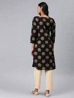 Ahika Women Black And Yellow Printed Straight Cotton Kurta