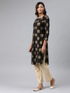 Ahika Women Black And Yellow Printed Straight Cotton Kurta