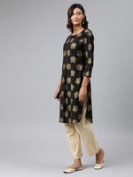 Ahika Women Black And Yellow Printed Straight Cotton Kurta