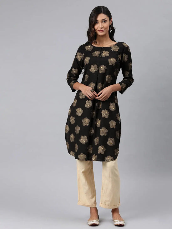 Ahika Women Black And Yellow Printed Straight Cotton Kurta