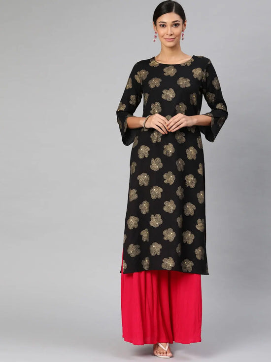 Ahika Women Black And Gold Toned Printed Straight Kurta