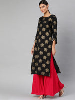 Ahika Women Black And Gold Toned Printed Straight Kurta