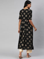 Ahika Women Black And Gold Toned Printed A Line Kurta