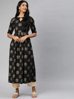 Ahika Women Black And Gold Toned Printed A Line Kurta