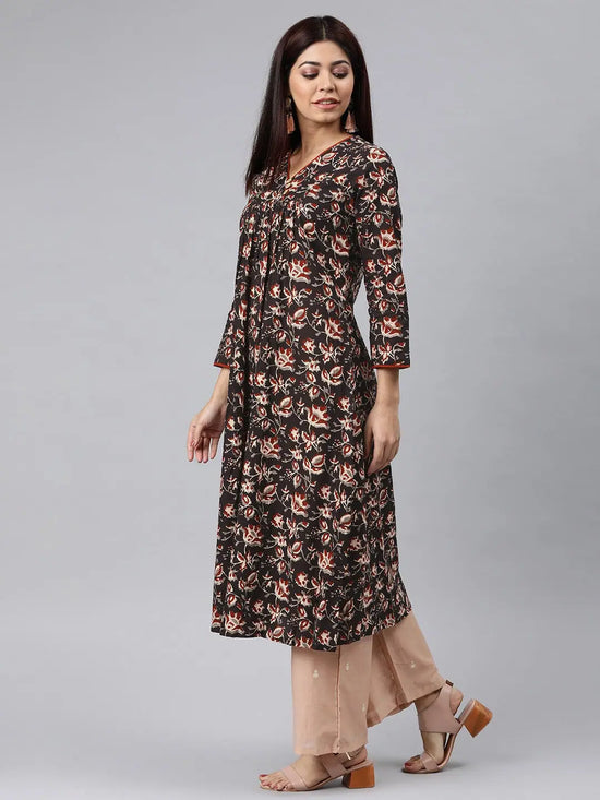 Ahika Women Black And Beige Printed A Line Kurt