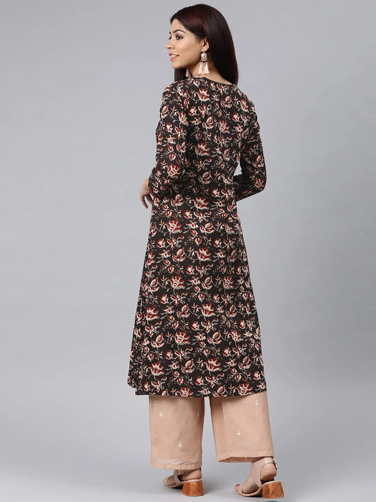 Ahika Women Black And Beige Printed A Line Kurt