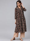 Ahika Women Black And Beige Printed A Line Kurt