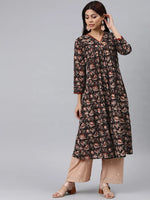 Ahika Women Black And Beige Printed A Line Kurt