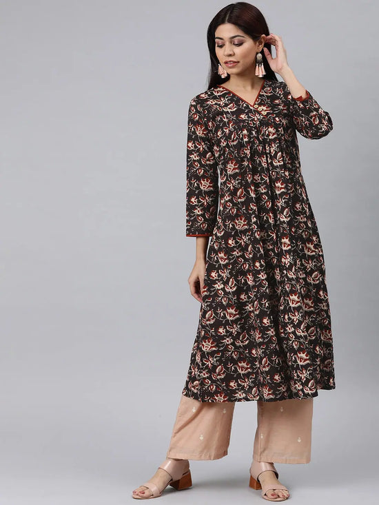 Ahika Women Black And Beige Printed A Line Kurt