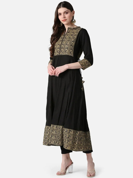 Ahika Women Black Beige Floral Printed Anarkali Kurta