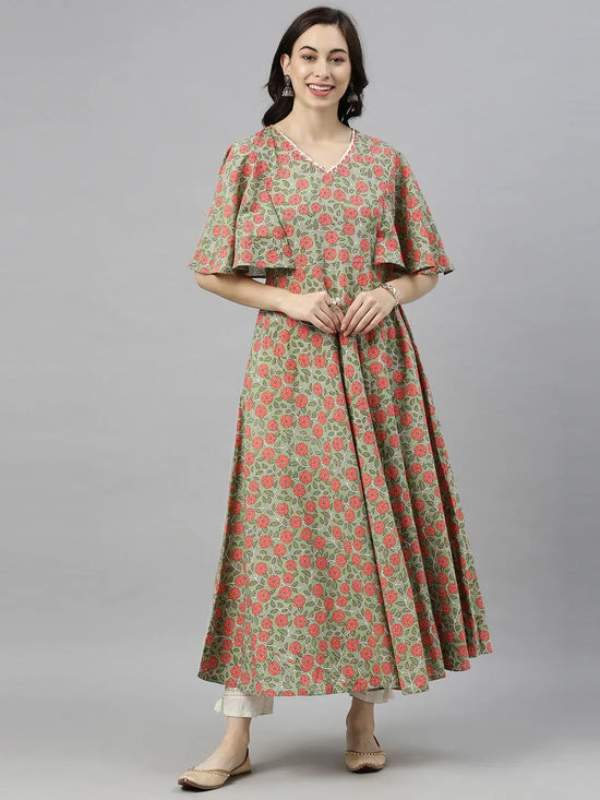 Ahika Women Green Pink Floral Printed Flared Sleeves Kurta