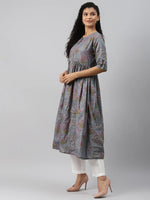 Ahika Women Cotton Grey Ethnic Motifs Printed A Line Kurti