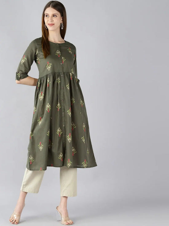 Ahika Women Cotton Green Ethnic Motifs Printed A Line Kurti