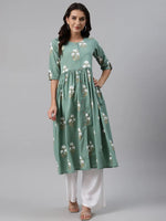 Ahika Women Cotton Green Floral Printed A Line Kurti 1