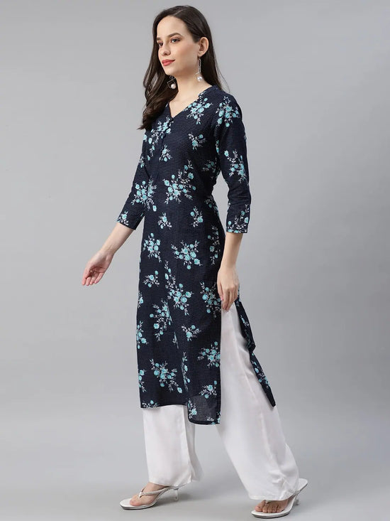 Ahika Women Cotton Navy Blue Floral Printed Straight Kurti