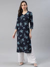 Ahika Women Cotton Navy Blue Floral Printed Straight Kurti