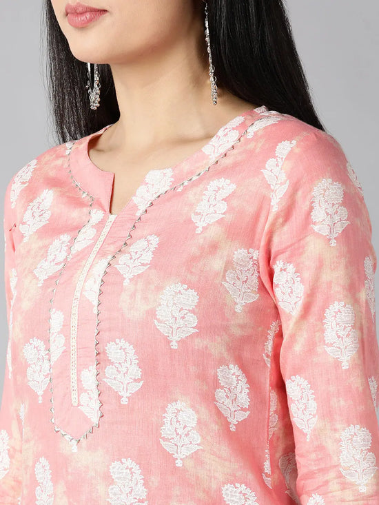 Ahika Women Peach Coloured White Ethnic Motifs Embellished Gotta Patti Kurta