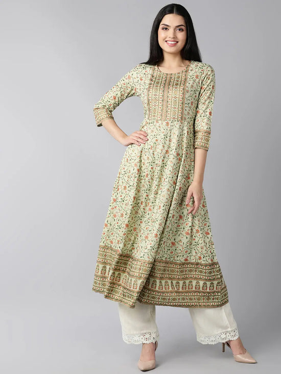 Ahika Women Green Floral Printed Anarkali Kurta