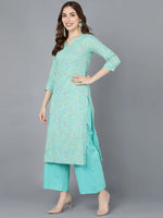 Ahika Women Sea Green Cotton Printed Kurta