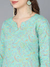 Ahika Women Sea Green Cotton Printed Kurta