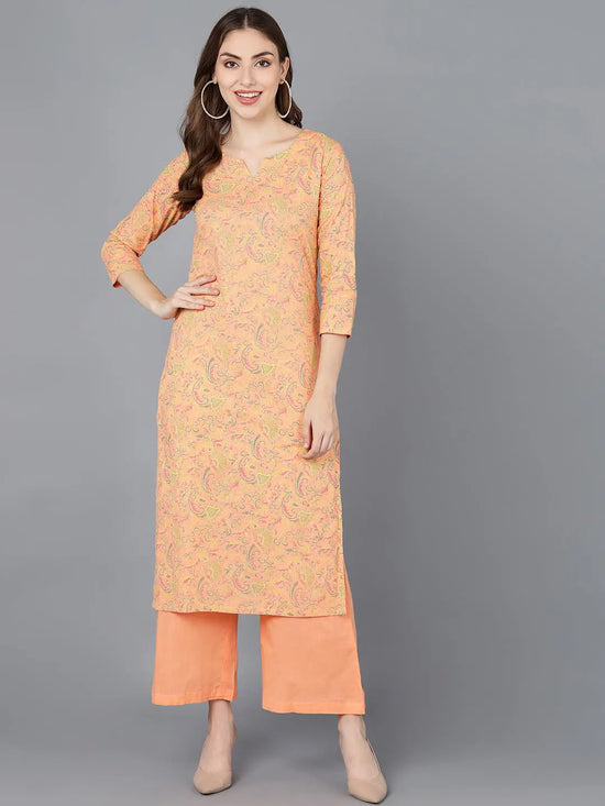 Ahika Women Peach Cotton Printed Kurta