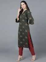 Ahika Women Cotton Green Printed Kurtas 1