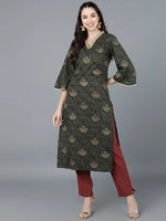 Ahika Women Cotton Green Printed Kurtas 1