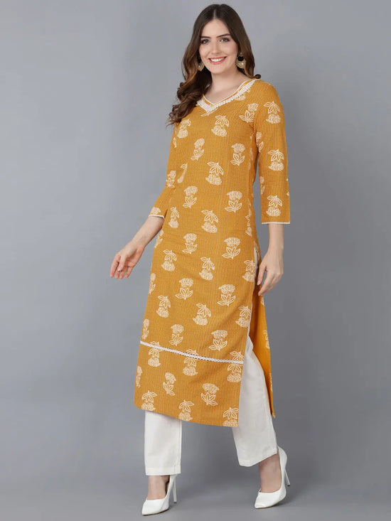 Ahika Women Mustard Cotton Floral Printed Kurtas