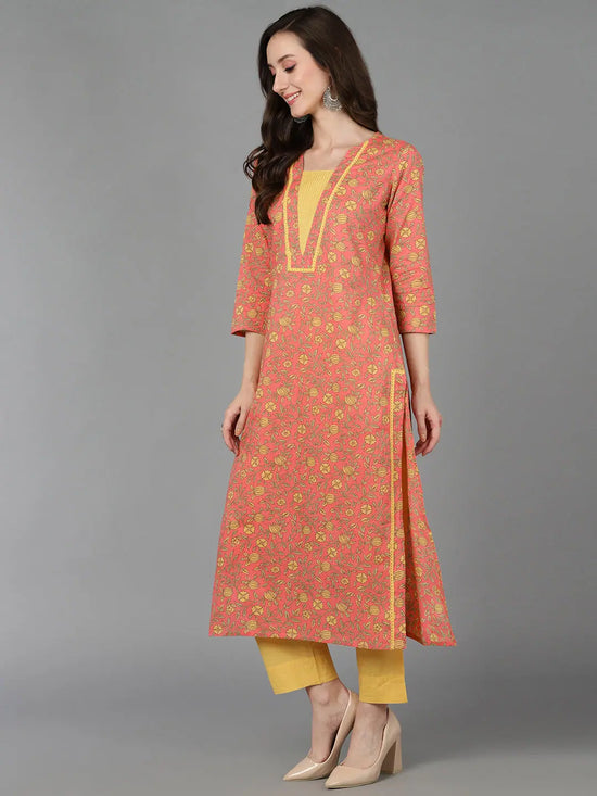 Ahika Women Peach Cotton Floral Printed Kurtas