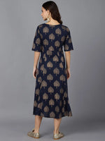 Ahika Women Navy Blue Gold Toned Ethnic Motifs Printed Cotton Anarkali Kurta