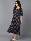 Ahika Women Navy Blue Gold Toned Ethnic Motifs Printed Cotton Anarkali Kurta