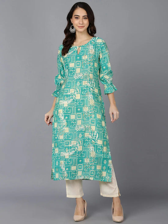 Ahika Women Turquoise Blue Silk Geometric Printed Kurtas