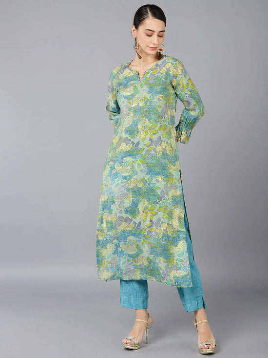 Ahika Women Green Silk Ethnic Motifs Printed Kurtas