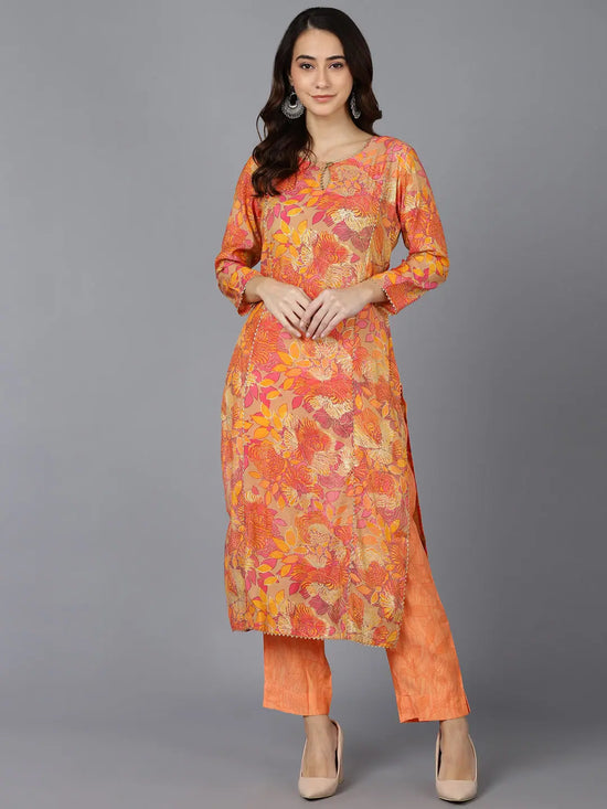 Ahika Women Beige Silk Floral Printed Kurtas