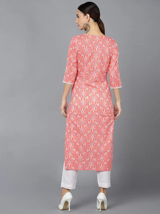 Ahika Women Peach Cotton Ethnic Motifs Printed Kurtas