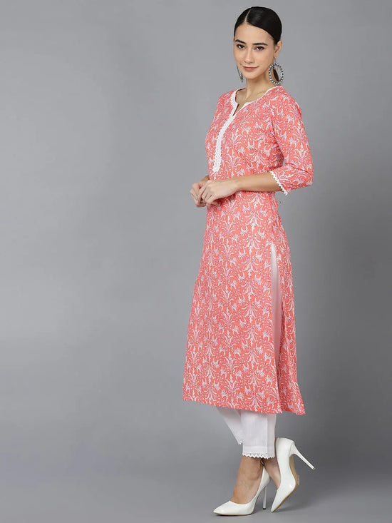 Ahika Women Peach Cotton Ethnic Motifs Printed Kurtas