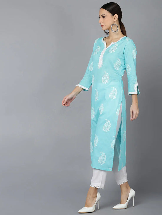 Ahika Women Blue Cotton Paisley Printed Kurtas