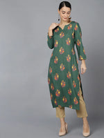 Ahika Women Green Cotton Floral Printed Kurtas