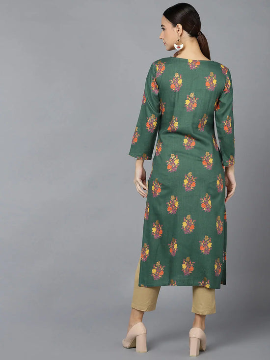 Ahika Women Green Cotton Floral Printed Kurtas