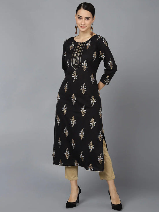 Ahika Women Black Cotton Ethnic Motifs Printed Kurtas