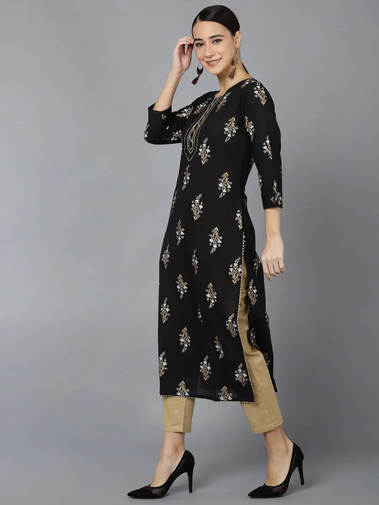 Ahika Women Black Cotton Ethnic Motifs Printed Kurtas