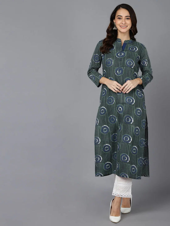 Ahika Women Teal Cotton Geometric Printed Kurtas