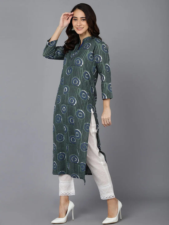 Ahika Women Teal Cotton Geometric Printed Kurtas